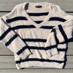 V-Neck Fuzzy Striped Sweater
